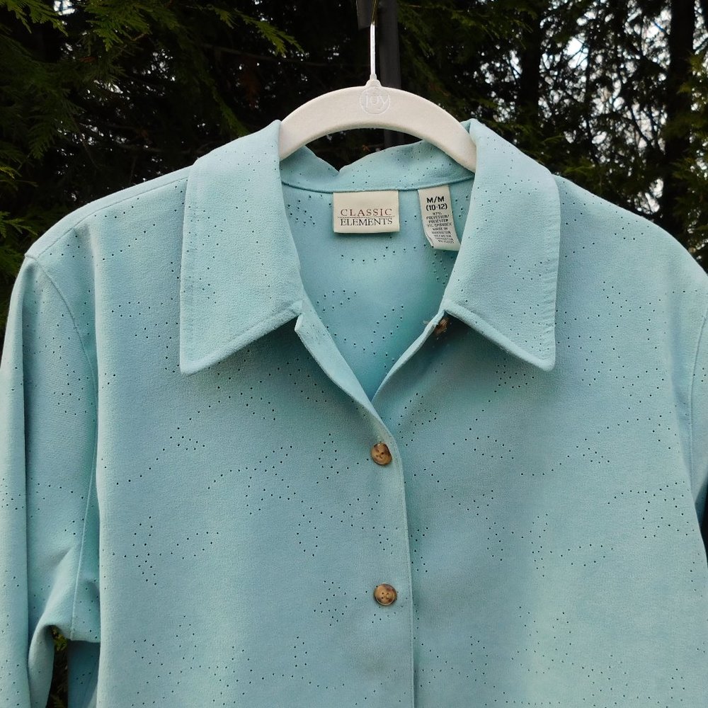 Classic Elements Pretty Perforated Faux Suede Lightweight Buttondown Top - Picture 2 of 3